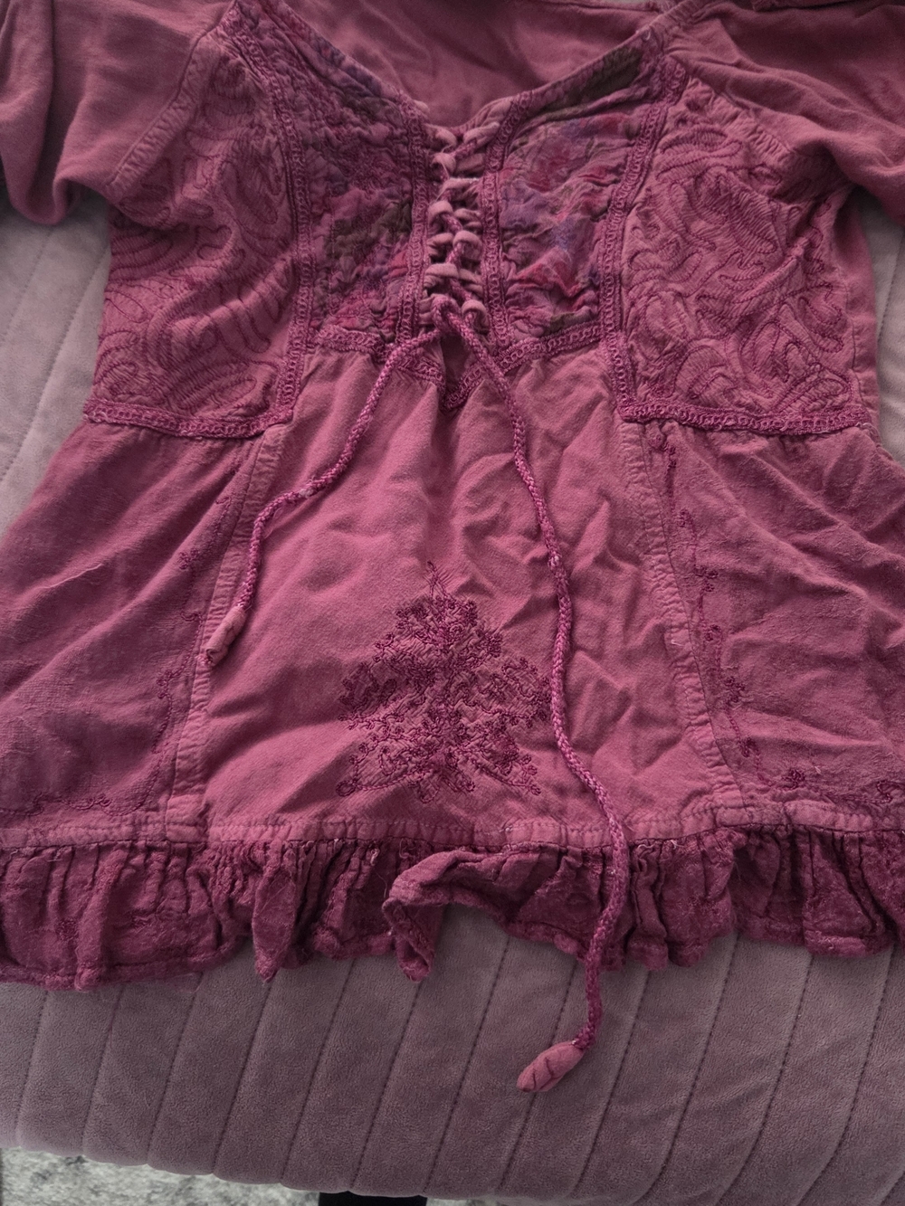 Boho Lace-Up Peasant Top in Deep Magenta